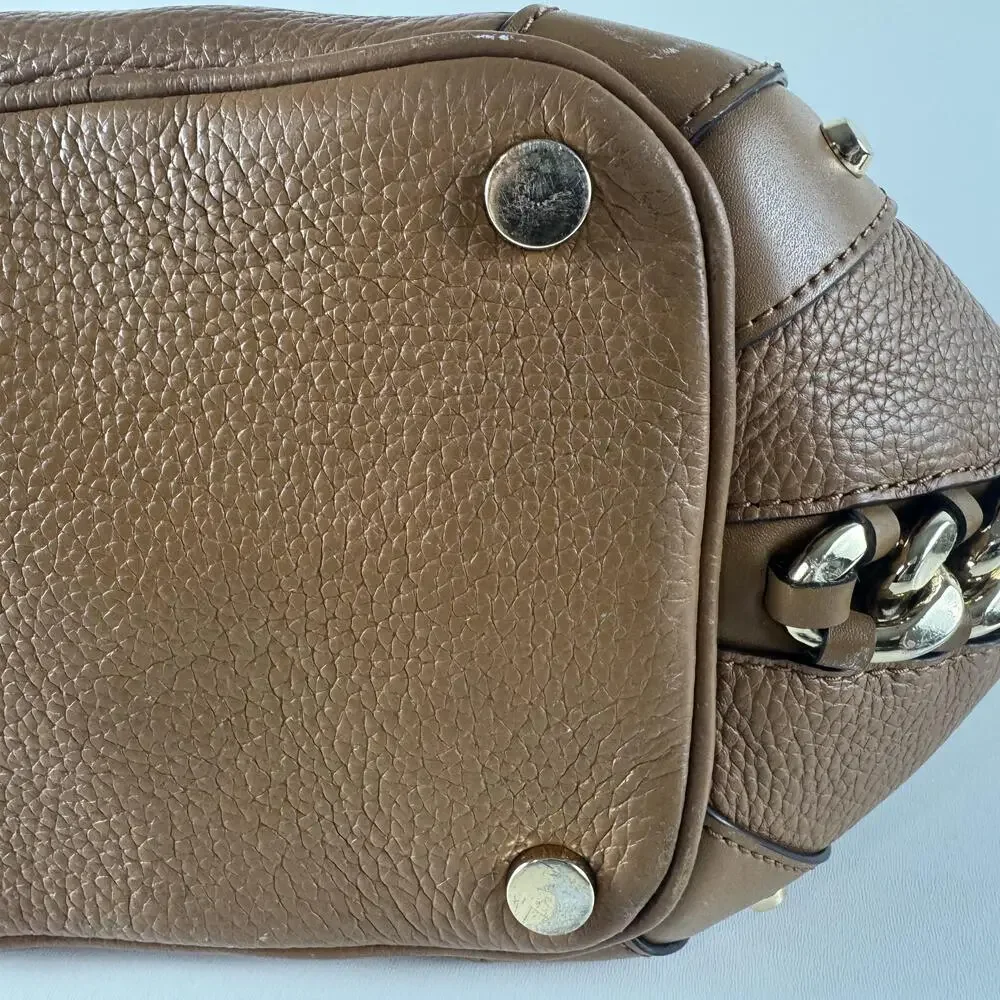 Michael Kors Alamis Bucket Bag Womens Medium Brown Leather Chain Strap Purse